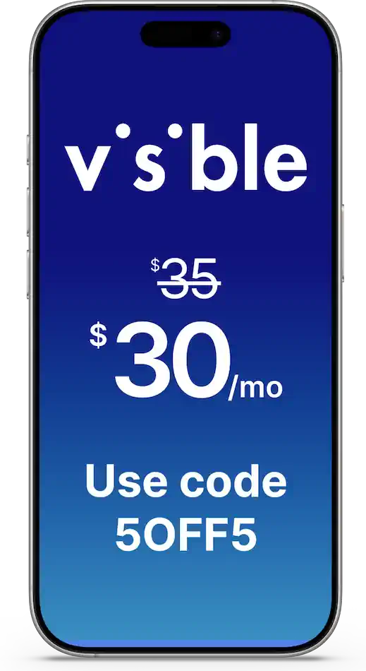Visible+ phone showing $30/mo plan with code 5OFF5