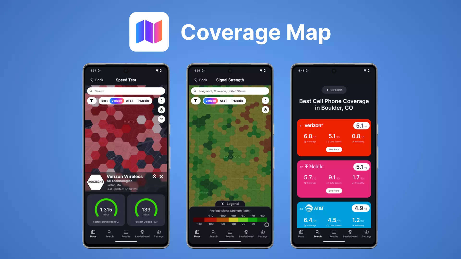 Google Pixel phones showing the Coverage Map app