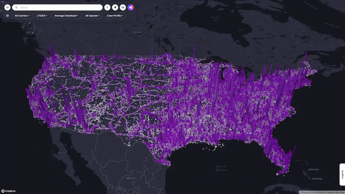 CoverageMap.com 3D view of cellular data speeds in the United States